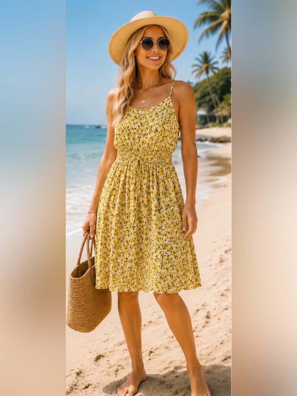 Yellow Floral Midi Sundress with Smocked Waist, size medium